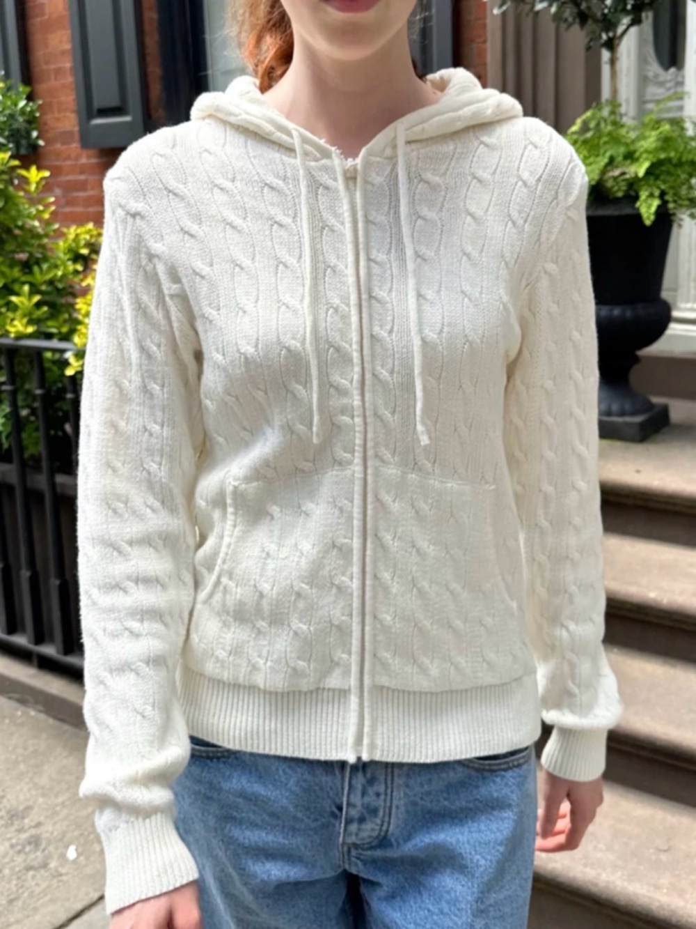 Brandy Melville White Cable-Knit Zip Up Hoodie